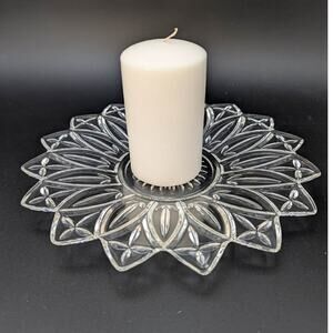 Vintage Federal Glass Plate Vanity Accessory Candle Holder Clear Floral Serving